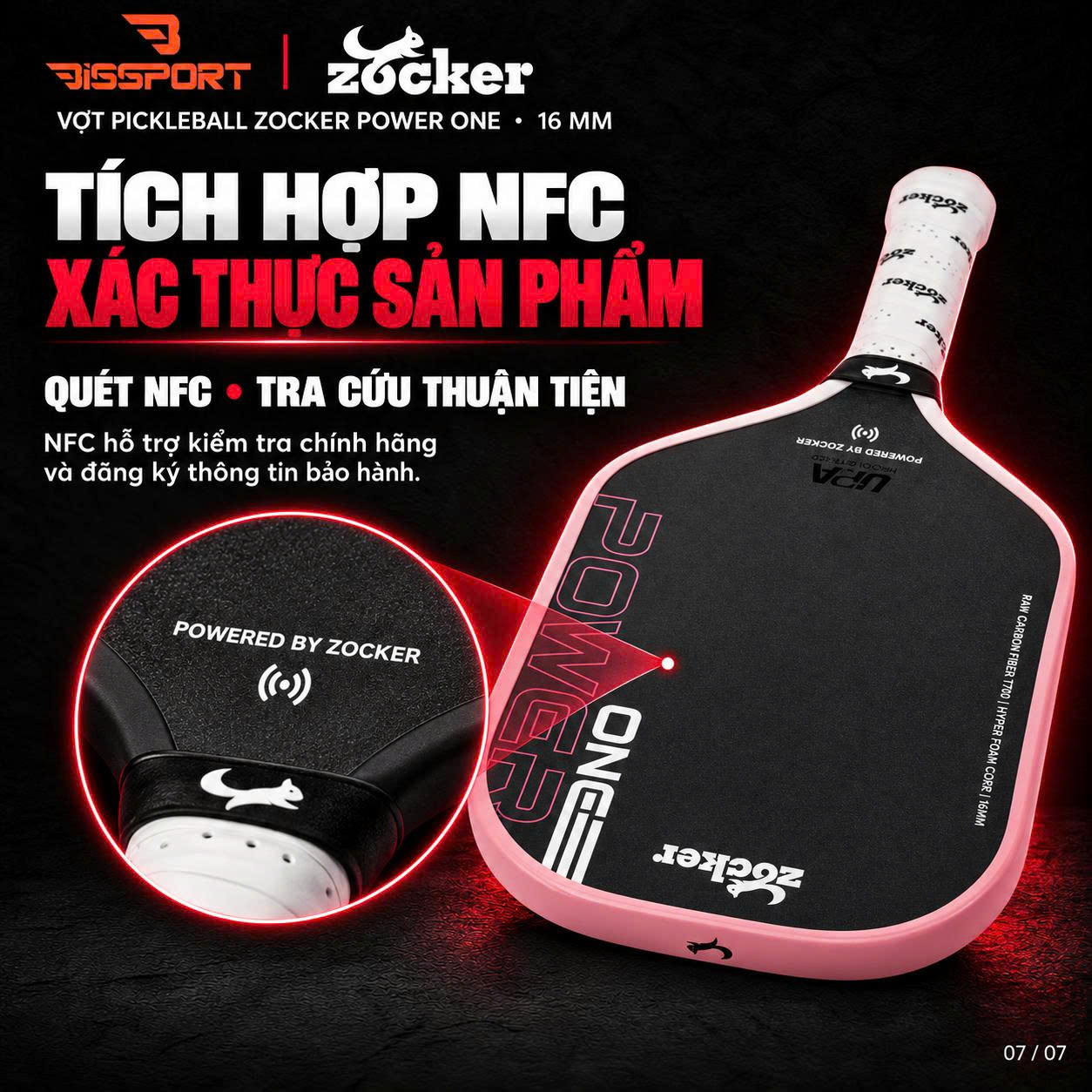 Vợt Pickleball Zocker Power One 16mm Chính Hãng - Màu Đen - Lõi Foam - Mặt Carbon T700 Nhám Trợ Lực Tốt - Tạo Xoáy